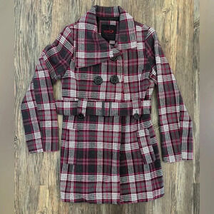 YOKI Outerwear Pea Coat Womens Med A-Line Double Breasted Pink Gray White Plaid